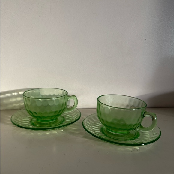 Vintage 12Green Federal VaselineDepression Glass Thumbprint Cup/Saucer